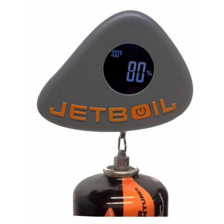 Gauge weighs gas cartridge for Jetboil stove