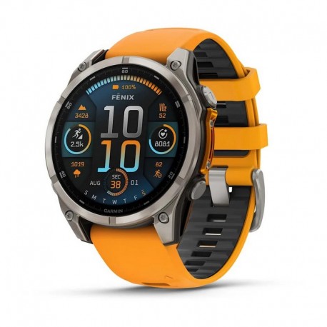 Garmin Fenix 8 kello - 47 mm, AMOLED, safiiri, titaani, titaani, oranssi/grafiitti ranneke