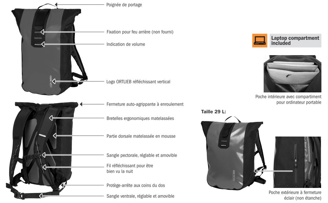 Tekniska egenskaper hos Ortlieb Velocity urban ryggs&auml;ck